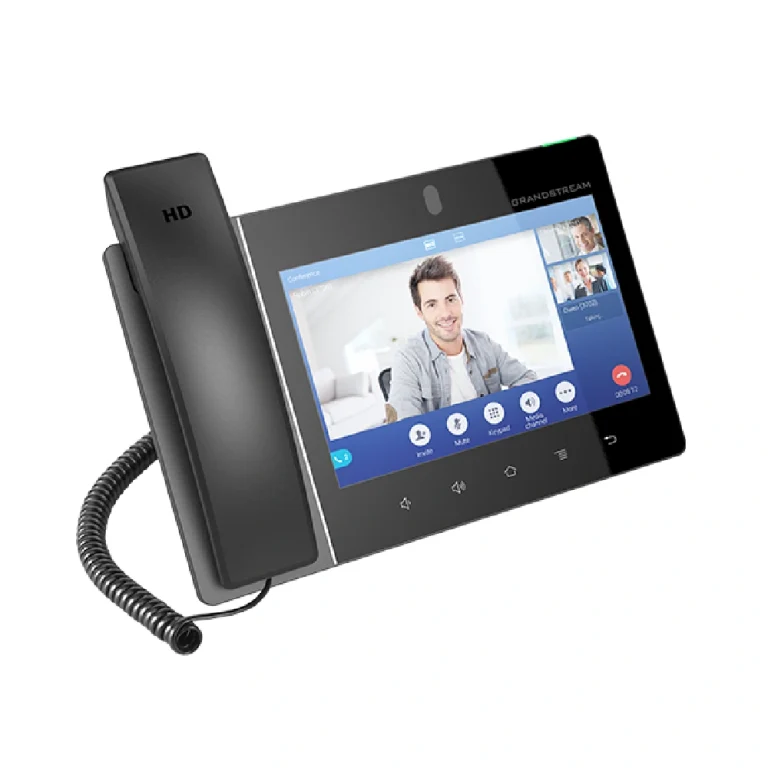 Grandstream GXV3480 IP video phone front view with large touchscreen display and HD handset