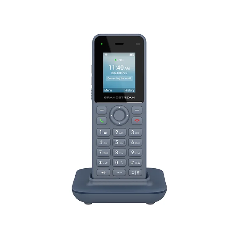 Alt text: Grandstream WP816 Wi-Fi IP Phone front view with keypad, screen and back view with showing speaker