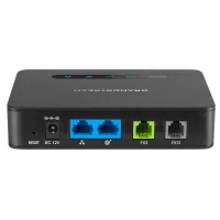 HT813 analog VoIP adapter rear view showing FXO, FXS, LAN/WAN ports with LED indicators.